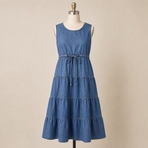 Y2K Vintage Anthony Richards Blue Acid Wash Tiered Midi Dress Boho‎ Prairie